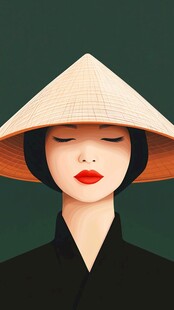 戴斗笠的东方女子形象