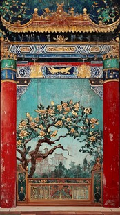 中式古建筑精美彩绘壁画