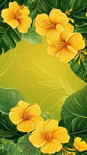 黄色扶桑花与绿叶背景图