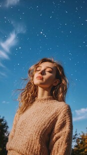 仰望蓝天的卷发毛衣女孩