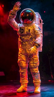 舞台上挥手的宇航服表演者