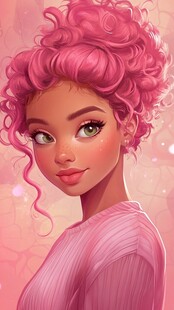 粉色卷发少女的甜美肖像