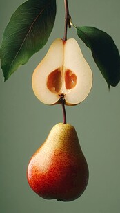 挂枝红梨与半剖梨的特写