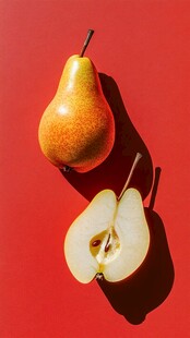 红底上的梨子与半切梨