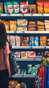 女孩于超市货架前选购零食