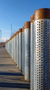 锈顶穿孔金属柱排列景观