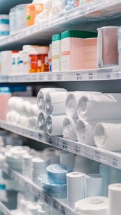 药店货架上的药品与卫生用品