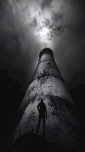 孤独旅人仰眺神秘灯塔