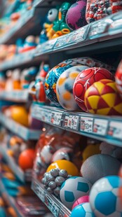 货架上琳琅满目的多彩玩具球