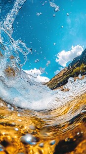 水下视角的激浪与蓝天美景