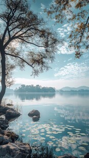 湖畔树影下的静谧湖景