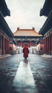 僧人漫步于古建庭院之中