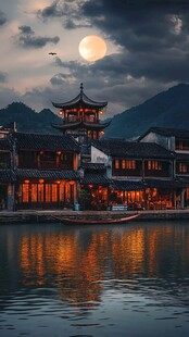 月夜下的中式水乡美景