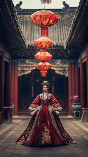 古风女子着华服于古巷间