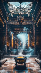 古庙宇内香炉青烟袅袅