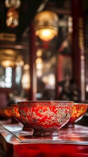 中式红瓷碗置于古典室内