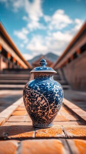 古巷中的精美青花瓷罐