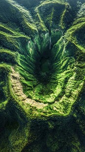 航拍山间翠绿深邃的天坑