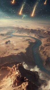 流星划过荒芜外星地貌景观