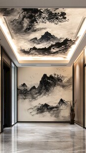 中式山水风走廊墙面装饰