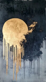 金色圆月抽象滴墨艺术画