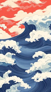 日式风格海浪云纹插画