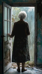 老妪倚门望向远方