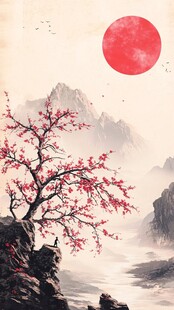 红日映山樱 中式山水图景