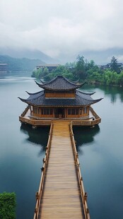 湖中小亭映烟雨