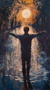 男子于林间沐光展臂而立