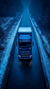 夜路中的蓝色货运卡车