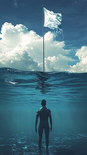 水下人影与云端旗帜之景