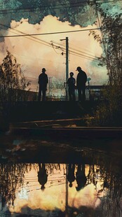 黄昏下的工人与美丽倒影