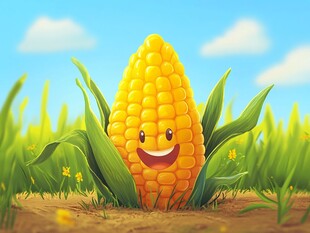 微笑玉米站在绿意田野中