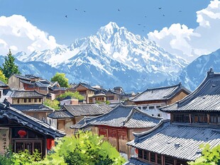 雪山下的古朴中式村落