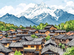 雪山下的古朴村落