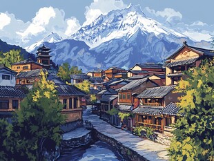 雪山下的古朴中式村落