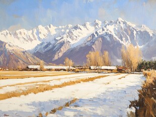 雪山下的冬日田野风光