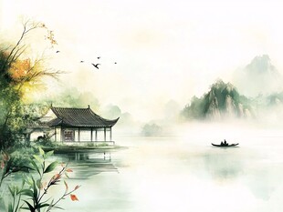 水墨湖畔幽居泛舟图景