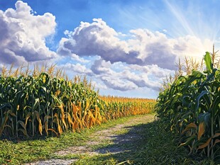 田间小径旁的金黄玉米田