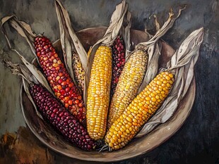 碗中多彩玉米静物画