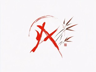 水墨风竹与红墨抽象图案