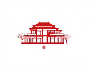 中式古典建筑红色剪影图