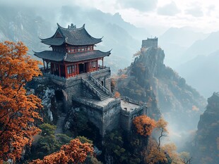 山巅古亭秋色图