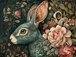 花卉环绕的精致花纹兔子