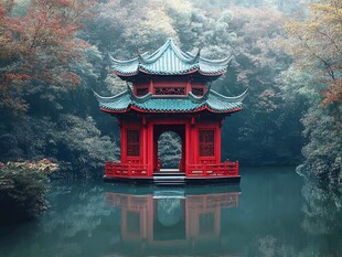 湖畔红亭映秋色