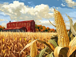 秋日玉米田中的红顶农舍