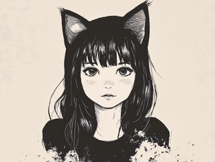 猫耳少女黑白插画