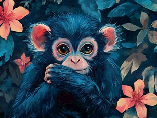 蓝毛小猴置身繁花绿叶间