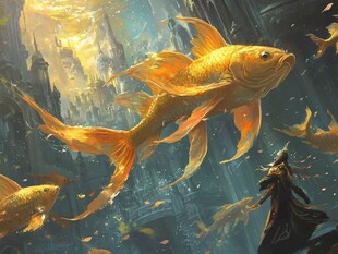 奇幻深海中的金色巨鱼